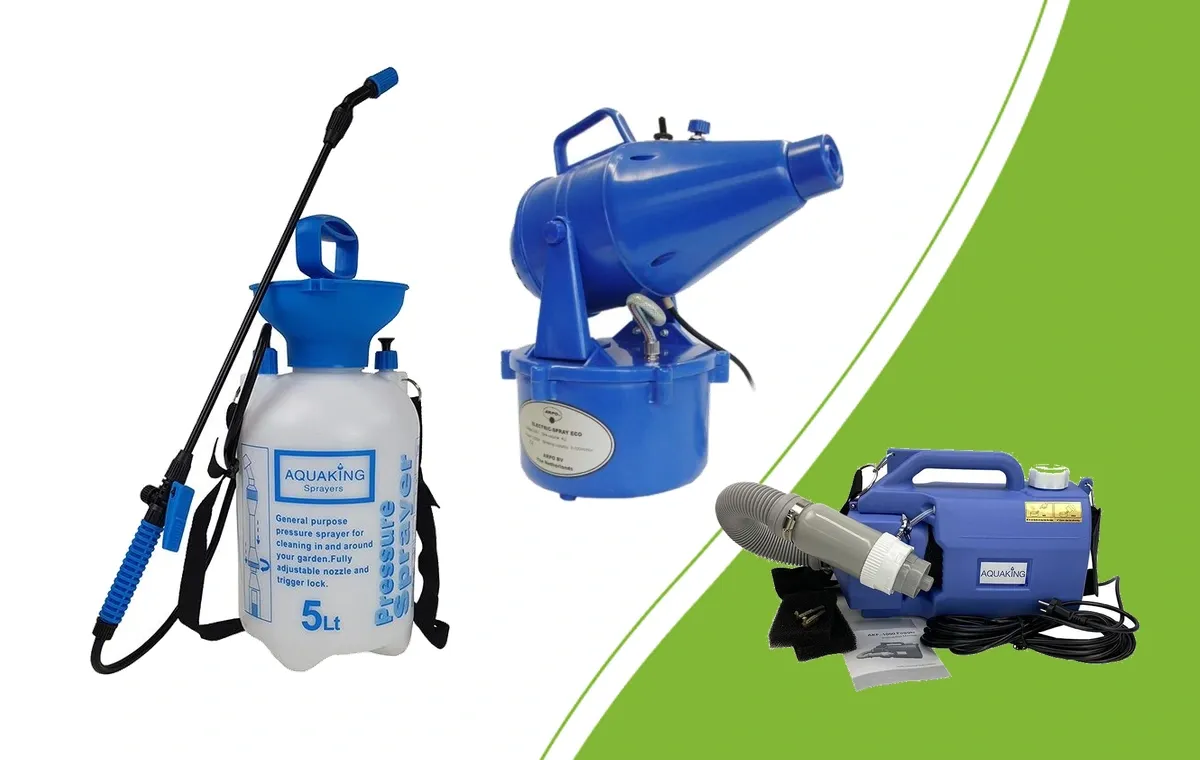 Aquaking drukspuit 5 liter naast de ECO vernevelaar 4 liter en Aquaking Fogger