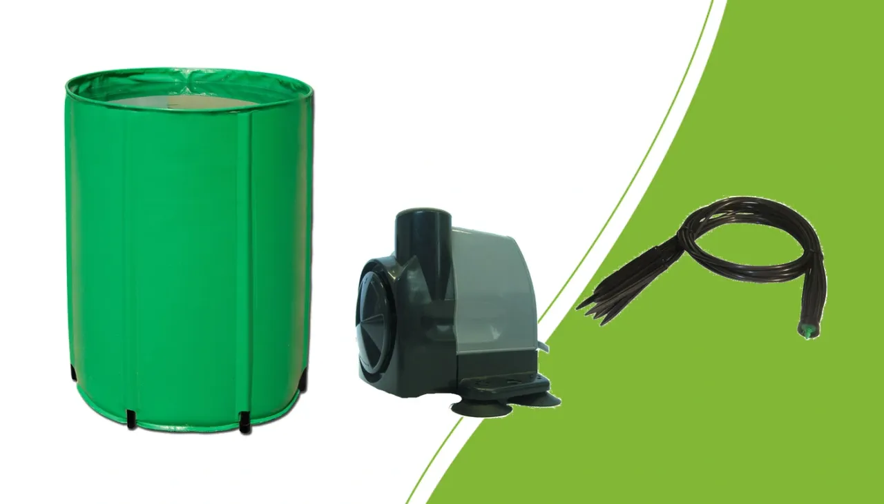Losse onderdelen voor een irrigatieplan: watervat, waterpomp en waterspin