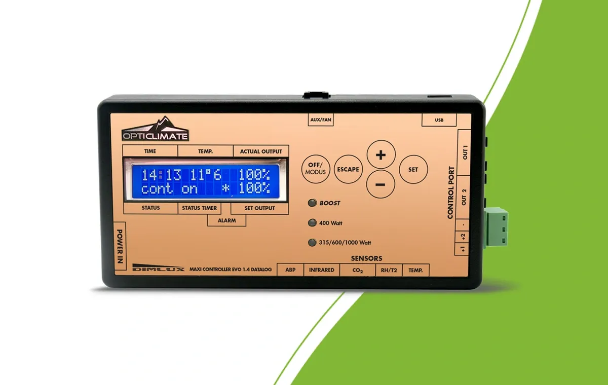 DimLux Maxi Controller EVO 1.2 met display, bedieningstoetsen en sensoraansluitingen