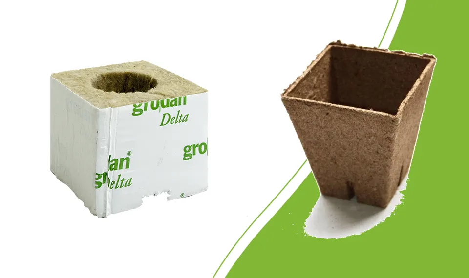 Grodan startblok naast een Jiffy turfpotje