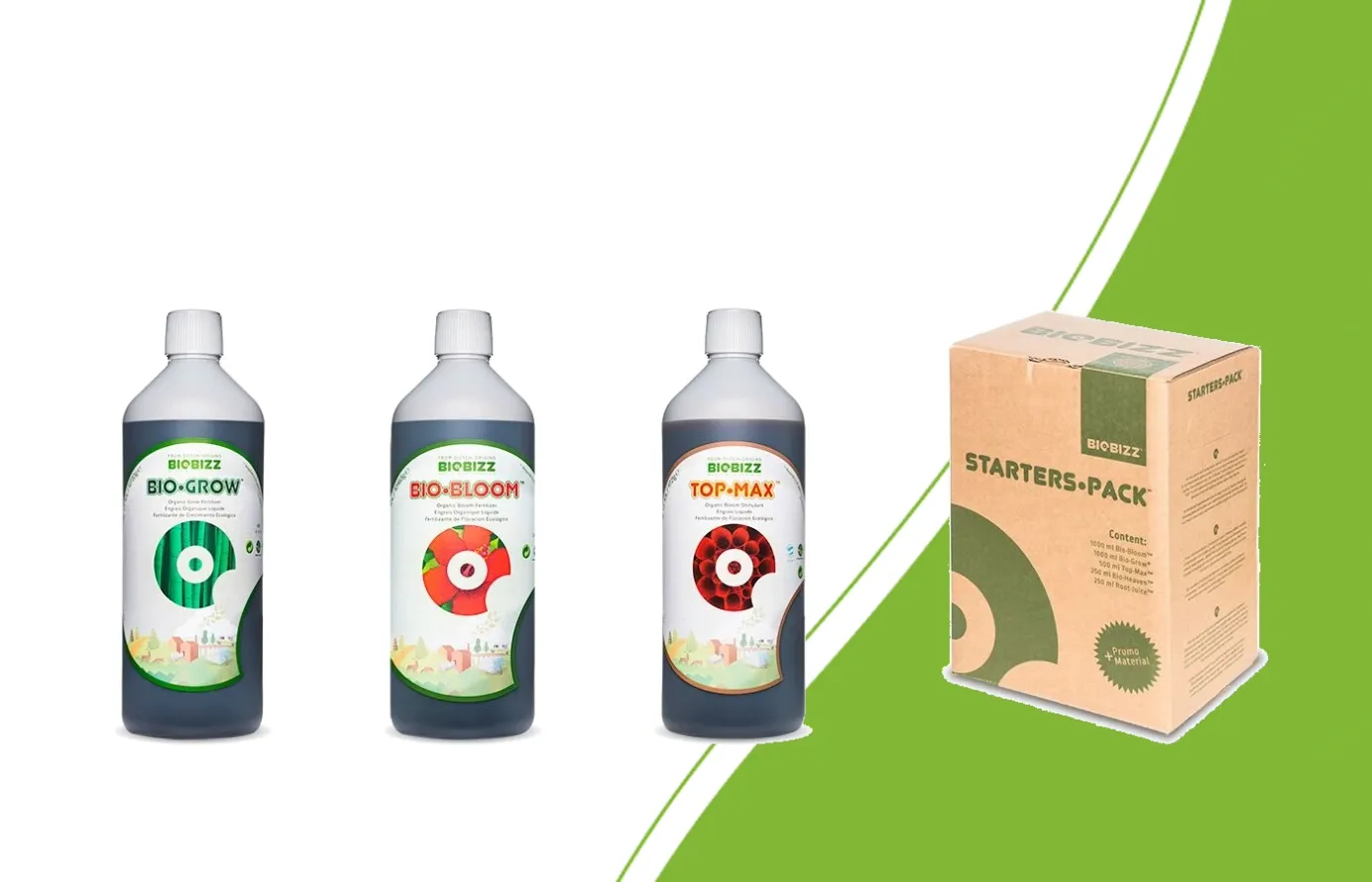 Bio·Grow, Bio·Bloom, Top·Max en het BioBizz Starters Pack