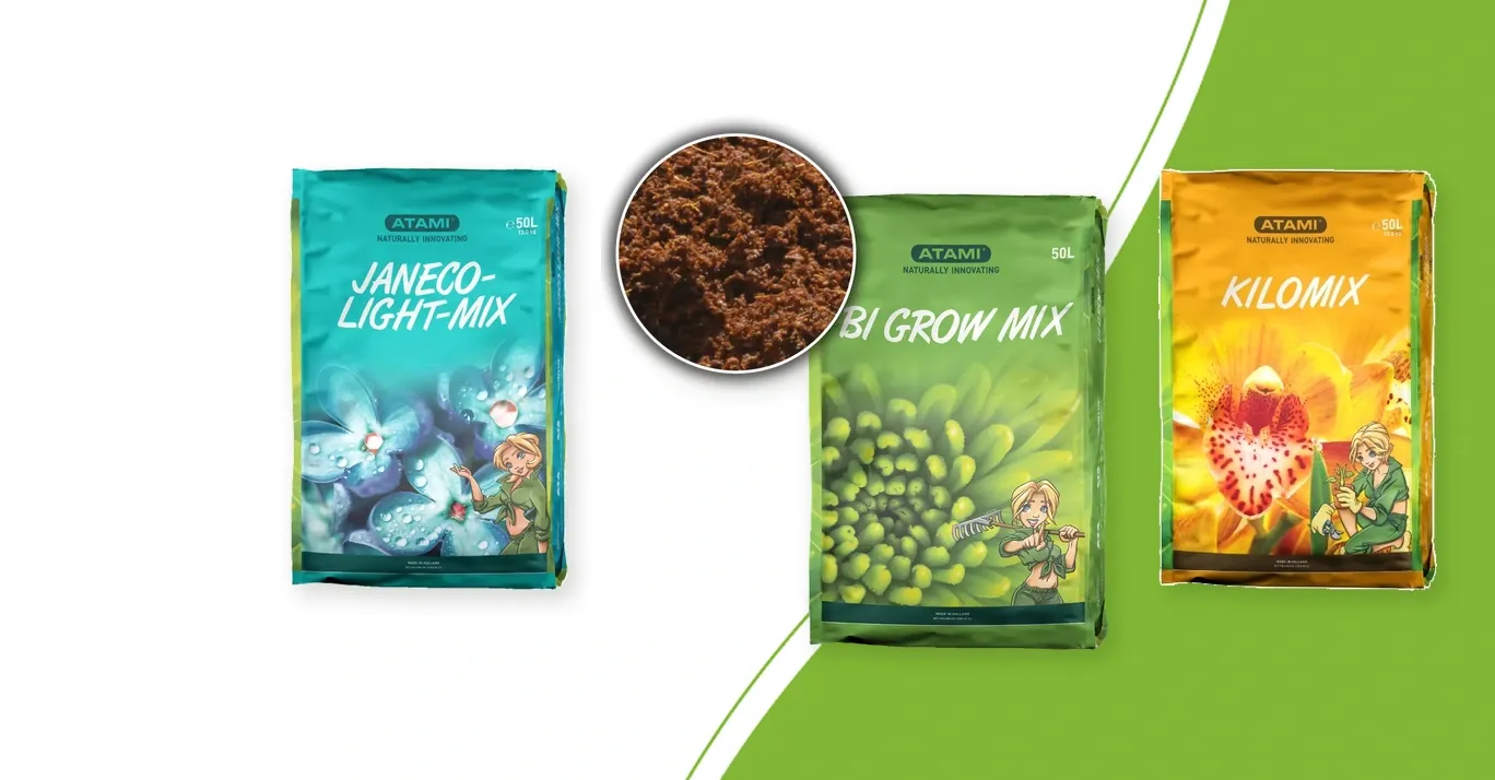 Atami Janeco Lightmix, Bi Grow Mix en Kilomix in zakken van 50 liter op een groene achtergrond