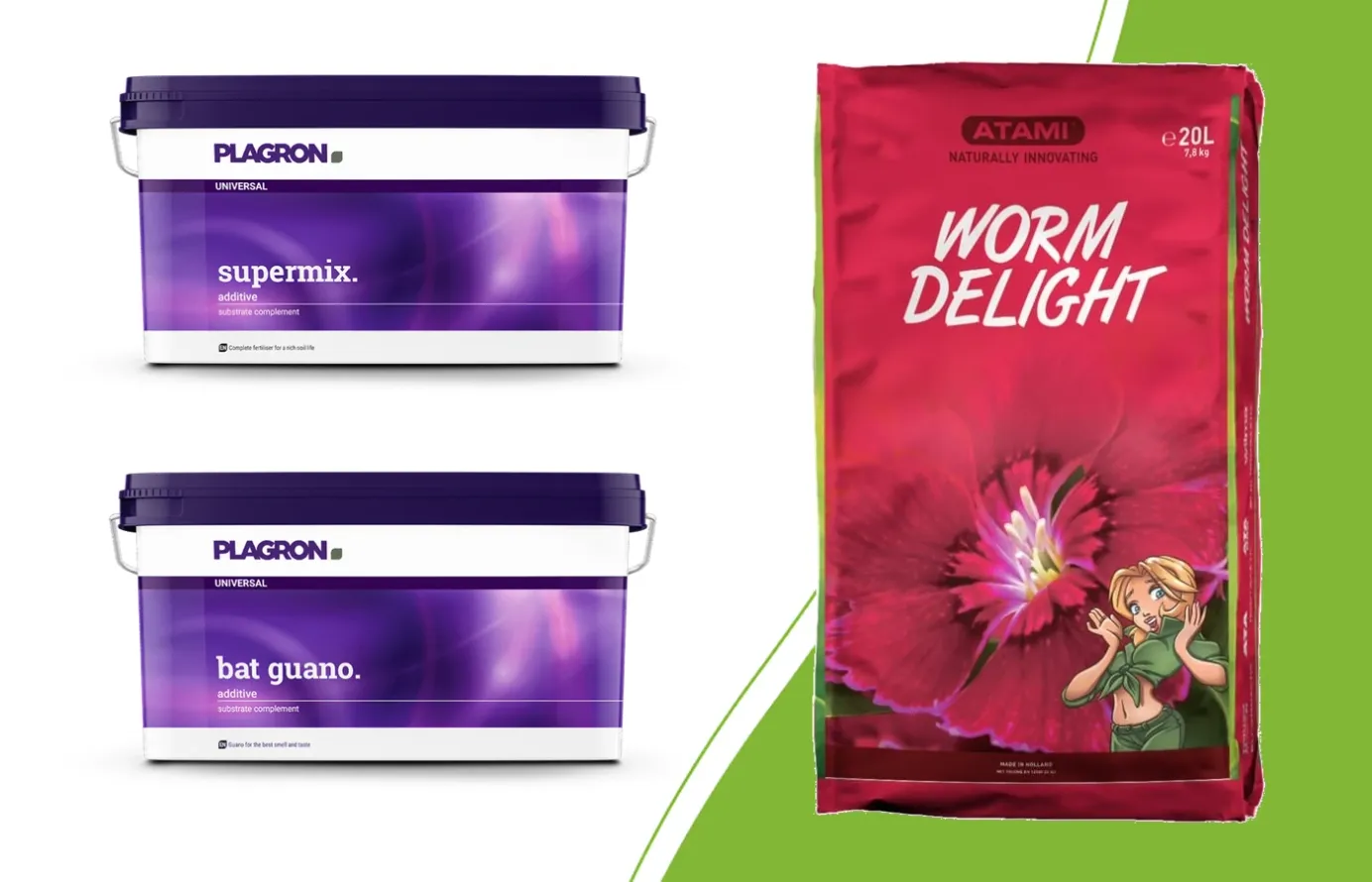 Plagron Supermix en Bat Guano in 10-literemmers naast Atami Worm Delight in een zak van 20 liter