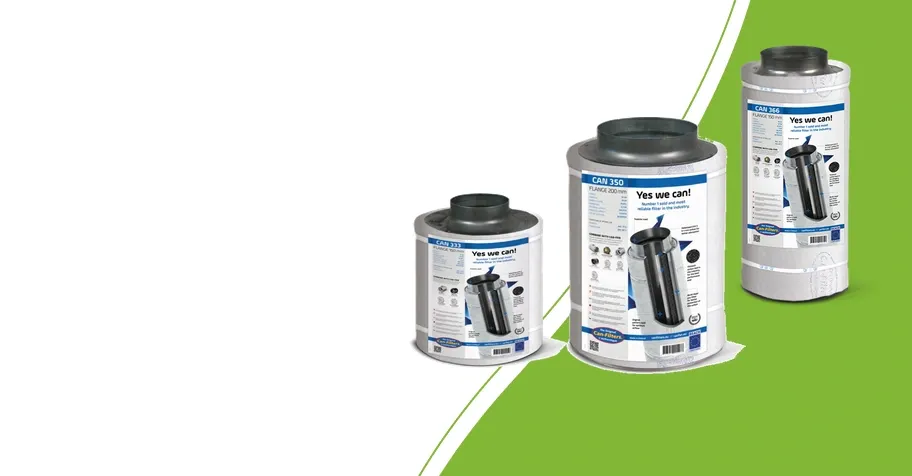 Can Original koolstoffilters van 33, 50 en 66 cm met zichtbare productlabels en aansluitingen