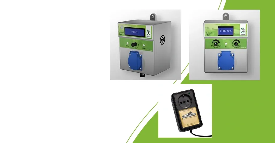 Techgrow T-Mini en T-Micro CO₂-controllers naast een Dimlux CO₂-sensor