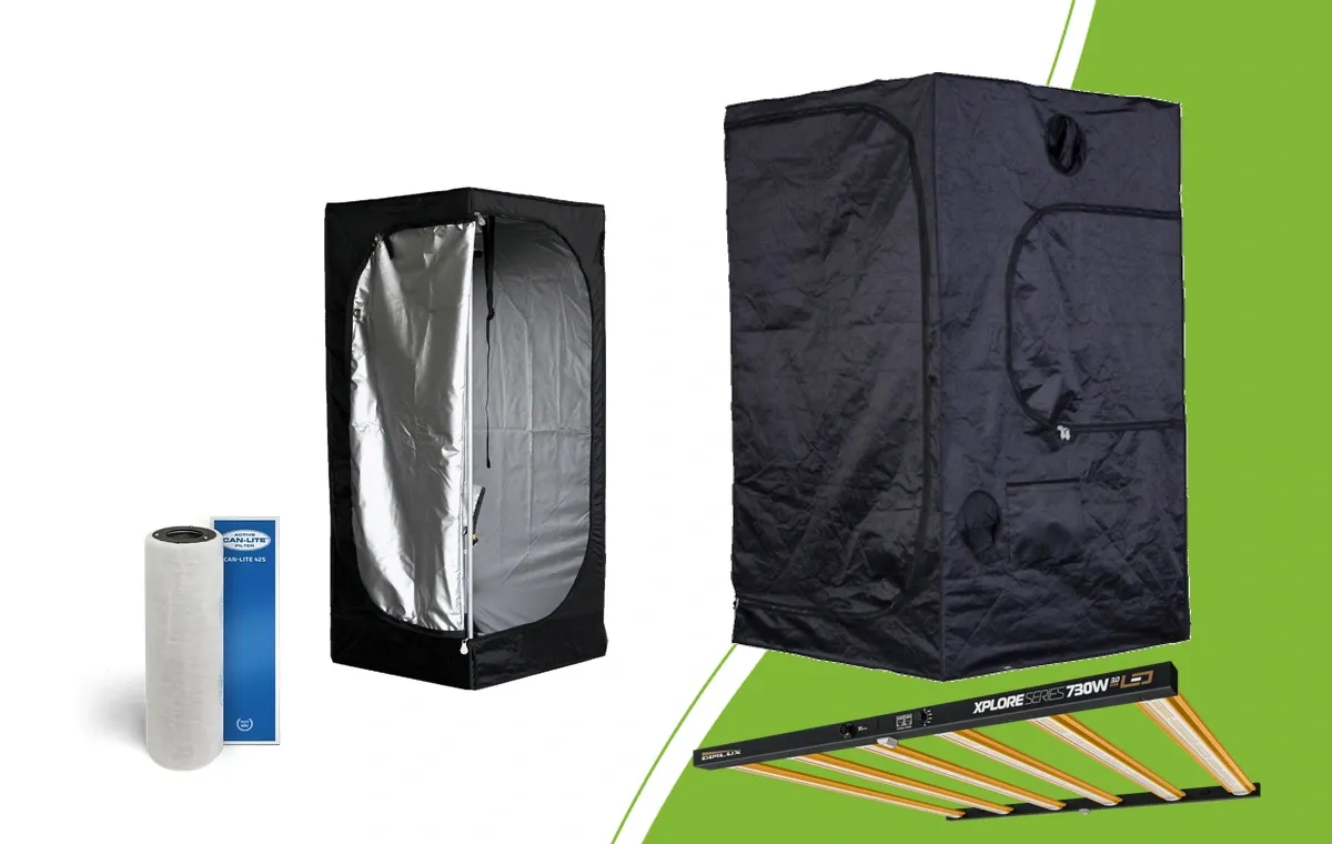 Mammoth Lite 60 en Pro 120 tenten met DimLux Xplore LED en CAN Lite koolstoffilter