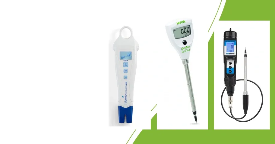 Bluelab EC Pen voor voedingswater, Hanna HI98331 bodemtester en Aqua Master Tools E300 Pro met externe substraatsonde