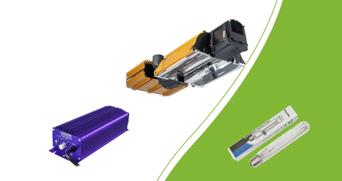 HPS-verlichting met DimLux 1000W DE-armatuur, Lumatek-ballast en Philips 600W E40-lamp