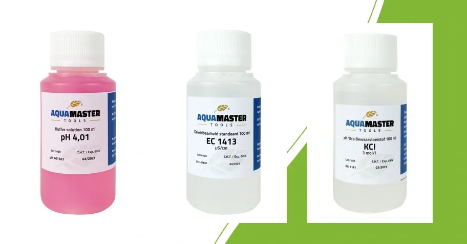 pH 4,01 buffer, EC 1413 ijkvloeistof en KCl-bewaarvloeistof van Aqua Master Tools, elk met een eigen toepassing