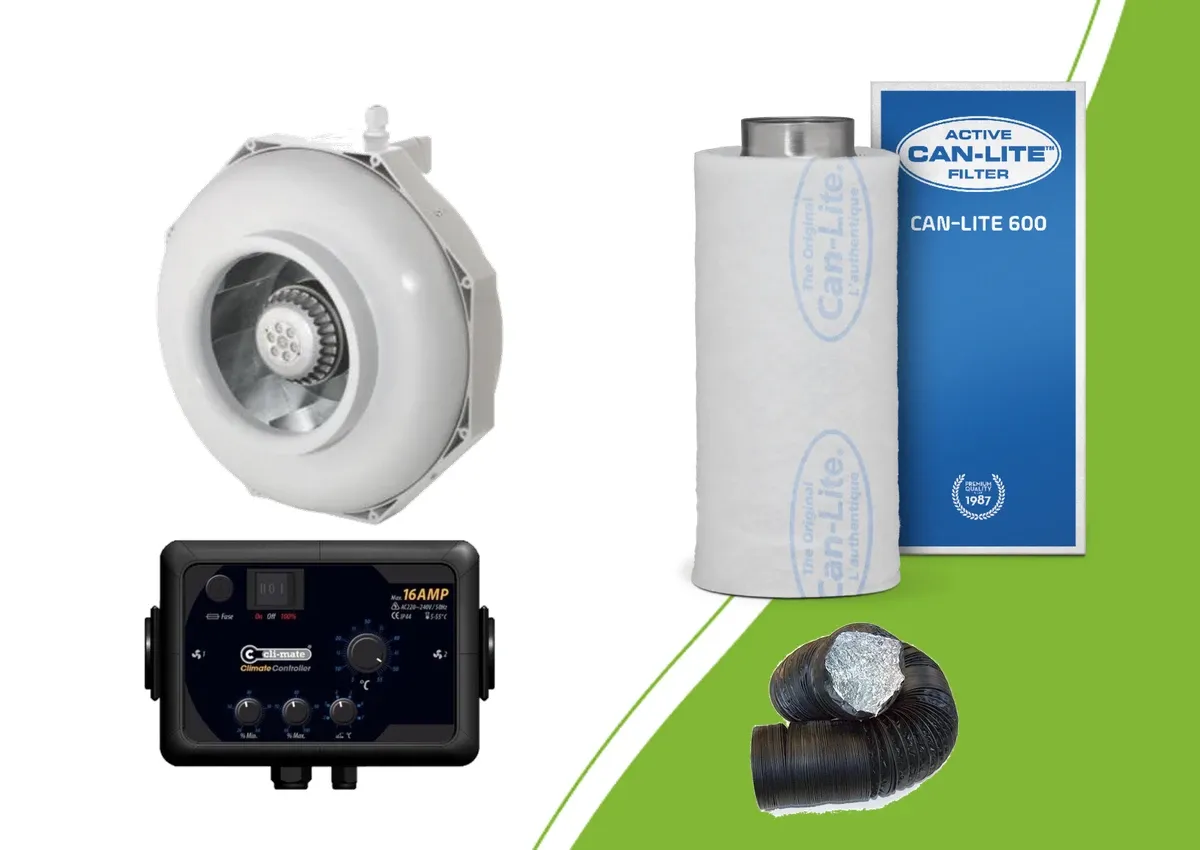 Buisventilator, Can-Lite koolstoffilter, Cli-mate regelaar en Combiconnect luchtslang als losse producten