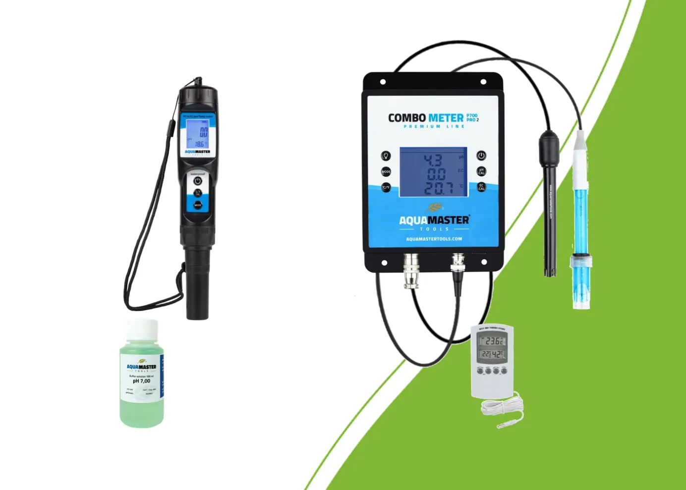 Aqua Master Tools P110 Pro en P700 Pro2, pH-ijkvloeistof en thermo-hygrometer