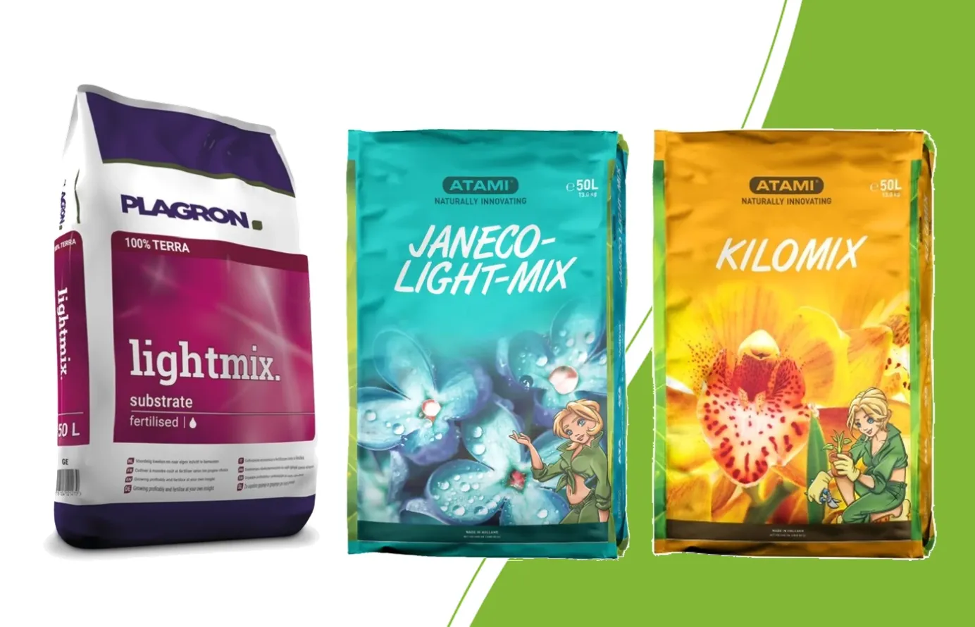 Zakken van 50 liter Plagron Lightmix met perliet, Atami Janeco Lightmix en Atami Kilomix