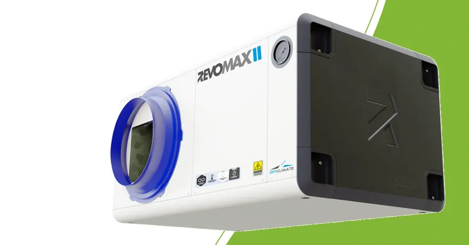 RevoMax II klimaatunit met blauwe luchtflens en wit-grijze behuizing