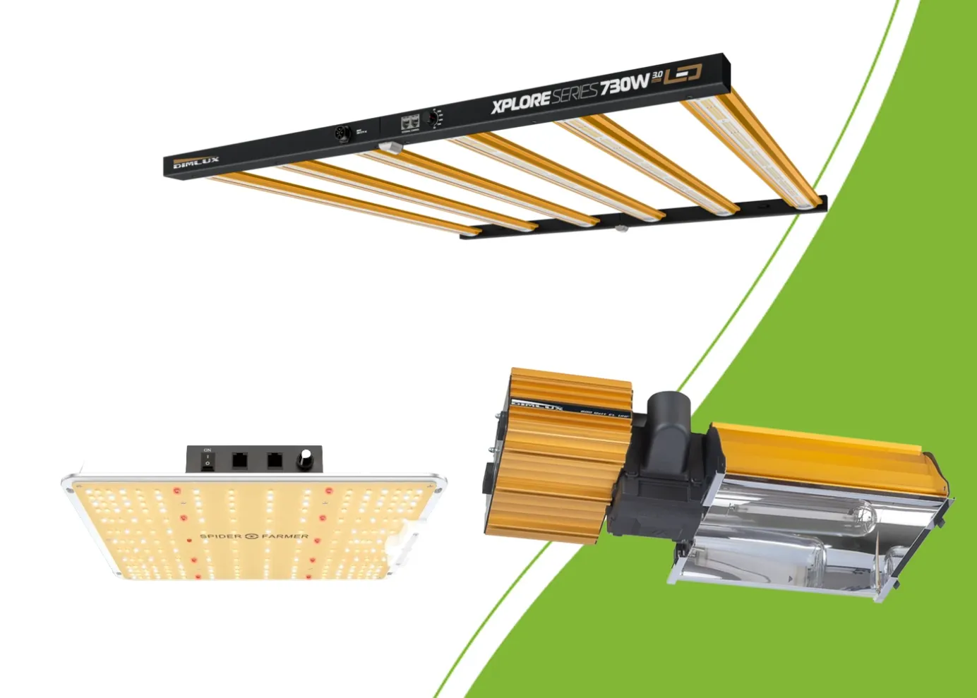 DimLux LED, Spider Farmer SF-1000 en een DimLux HPS-armatuur