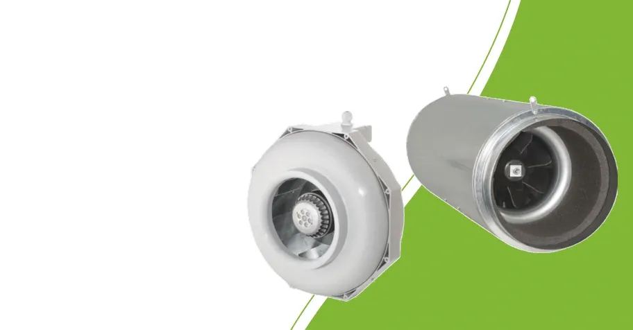 Can-Fan RK 125 L en Iso-Max 250 buisventilatoren naast elkaar op een groene achtergrond