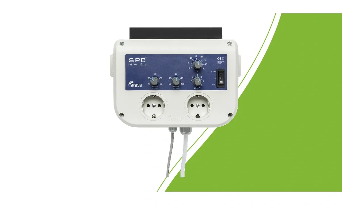 SMSCOM SPC 16A MK2 met temperatuurinstelling en ventilatoraansluitingen