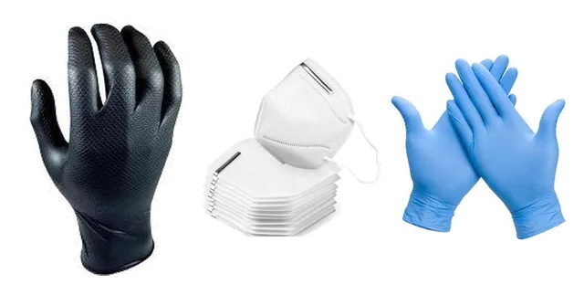 Productselectie voor Beschermkleding: Grippaz Nitril handschoenen maat L; Mondkapjes KN95 (per 6stuks); Nitril handschoen, maat L (100 per doos)