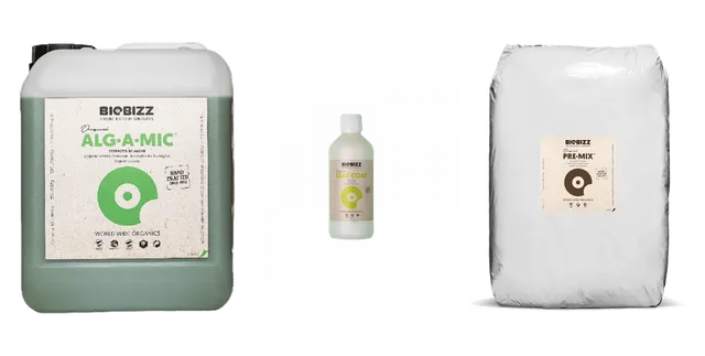 Productselectie voor BioBizz plantenvoeding: Bio Bizz | Alg-a-Mic | 5ltr; Bio Bizz | Leaf-Coat | 1ltr; Bio Bizz | Pre-mix | 25ltr