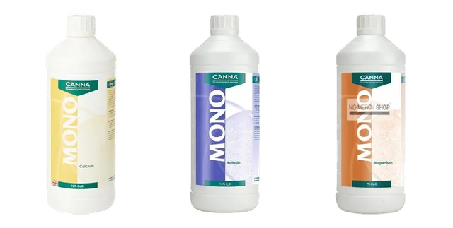 Productselectie voor Canna plantenvoeding: Canna Calcium 15% 1 ltr; Canna K16% 1 ltr; Canna MgO 7% 1 ltr