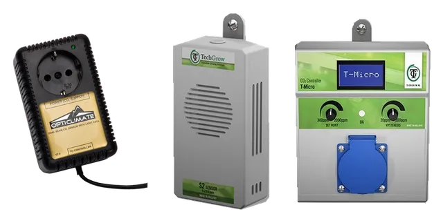 Productselectie voor CO₂-meters: Dimlux, CO2 sensor 10m; Techgrow losse CO2 sensor, S-2; Techgrow micro CO2 controller (excl. sensor)