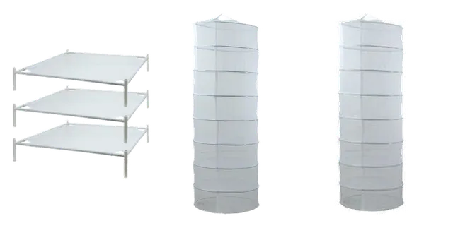 Productselectie voor Droognetten: Droogrek stapelbaar, 71x71cm; droognet hangend, rond 60cm (8 laags); droognet hangend, rond 80cm (8 laags)