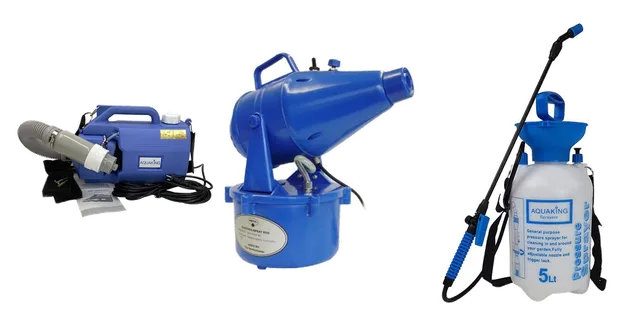 Productselectie voor Drukspuiten & vernevelaars: Aquaking Fogger, elektrische vernevelaar; ECO Elektrische sproeier / vernevelaar 4ltr. (blauw); Aquaking hogedrukspuit 5 ltr.