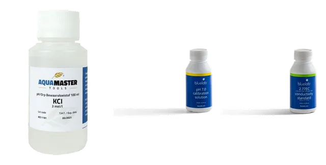 Productselectie voor IJkvloeistoffen: Bewaarvloeistof KCI 3 mol-l, 100 ml; Bluelab ijkvloeistof set 3x 250ml; Bluelab ijkvloeistof, EC 2,77 250ml