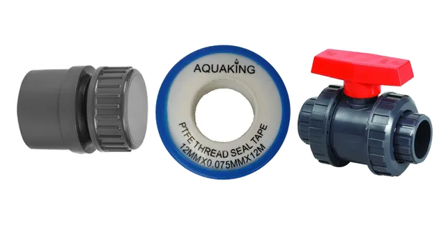 Productselectie voor PVC & koppelingen: PVC einddop met schroefdraad 32mm; Teflontape per rol; PVC Kogelkraan 32mm