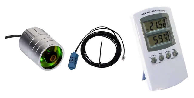 Productselectie voor Thermo-hygrometers: Dimlux | Plant Temperatuur Camera | Analoog | 10m kabel; Dimlux | RH-sensor | 10m | Luchtvochtigheidssensor; Thermo- Hygrometer digitaal