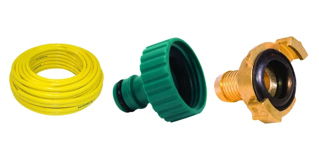 Productselectie voor Tuinslang & koppelingen: Gele slang 25mm per meter; Kunststof insteekkoppeling 1" binnendraad; Messing 1" Slangtule