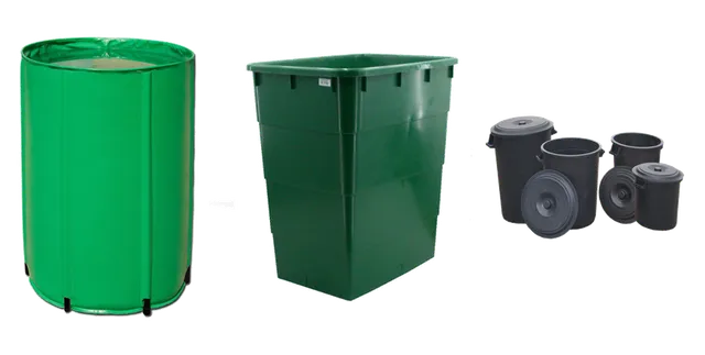 Productselectie voor Watervaten: Aquaking opvouwbaar vat 100 ltr; Watervat rechthoekig groen 200 ltr. (incl. deksel); Watervat ronde ton zwart 120 ltr. (incl. deksel)