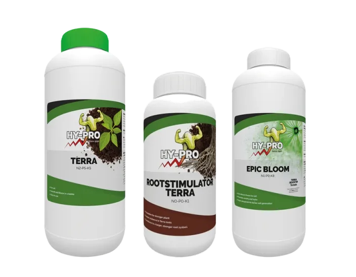 Hy-Pro Terra basisvoeding, Terra Wortelstimulator en Epic Bloom